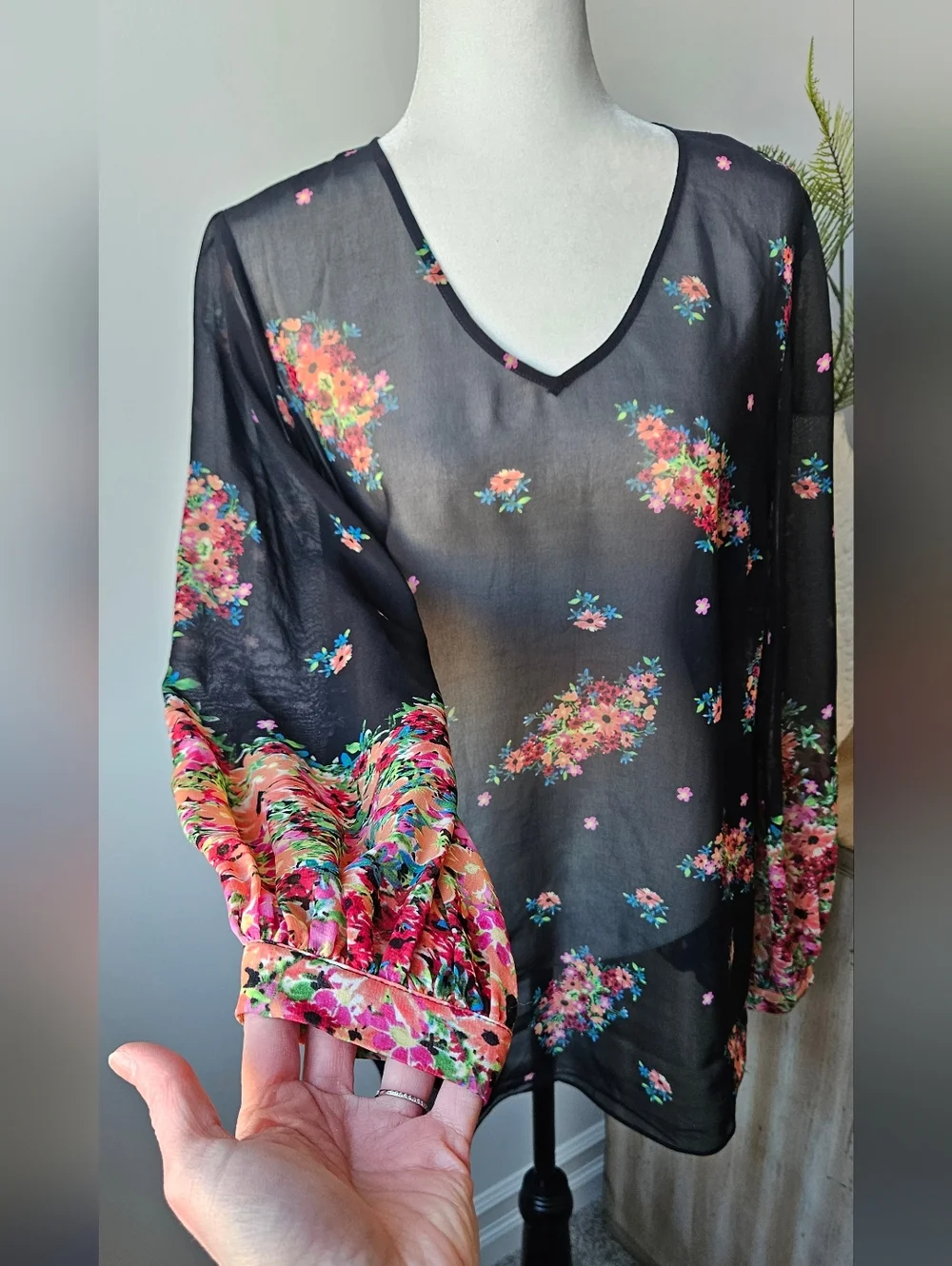 CAbi Black Sheer Floral Tie-Front Blouse - Picture 2 of 6